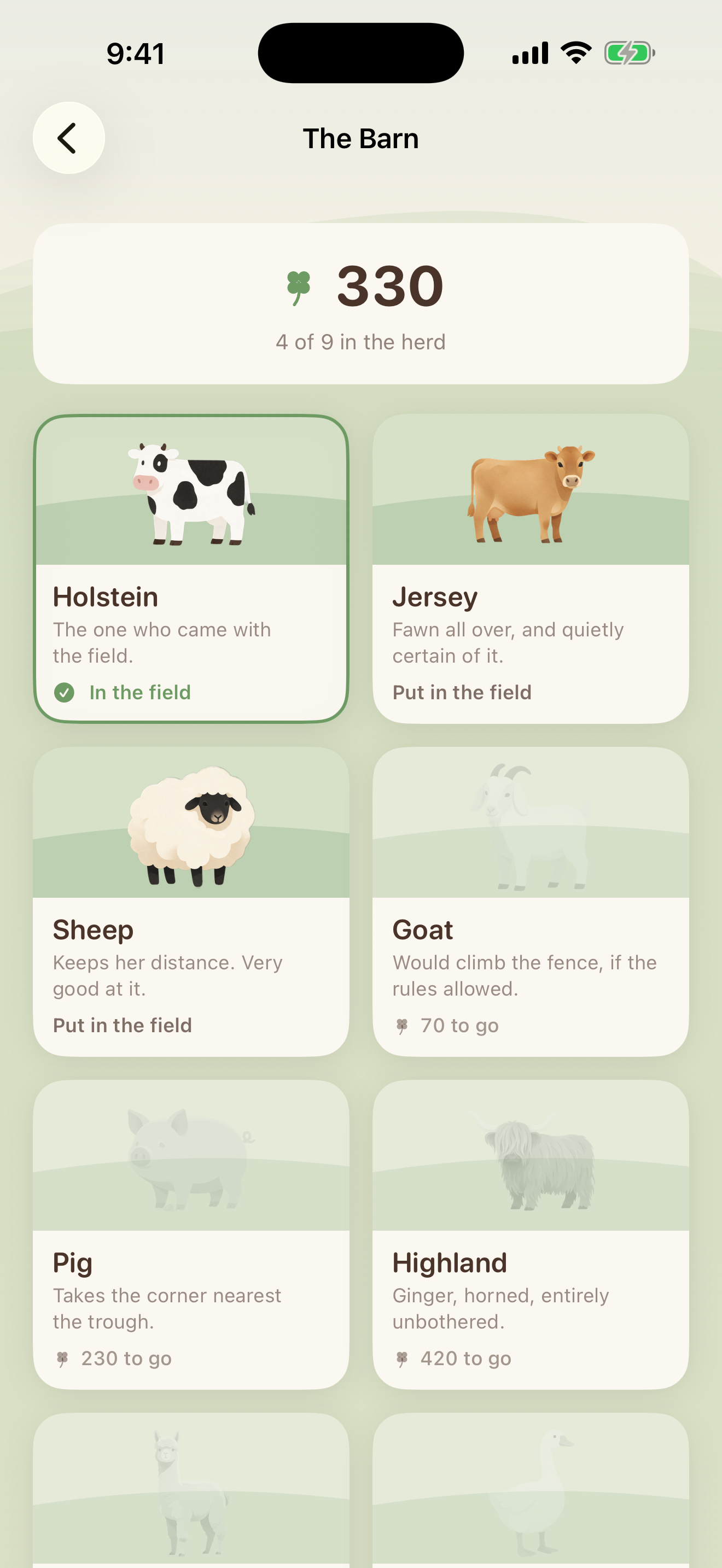 The Barn screen in Paddock: a clover total of 330, and a grid of animal cards — Holstein, Jersey, sheep, goat, pig and Highland — some unlocked and some still faded out.